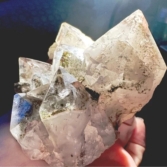 Large quartz, amethyst, and epidote combo with phantoms terminations red quartz